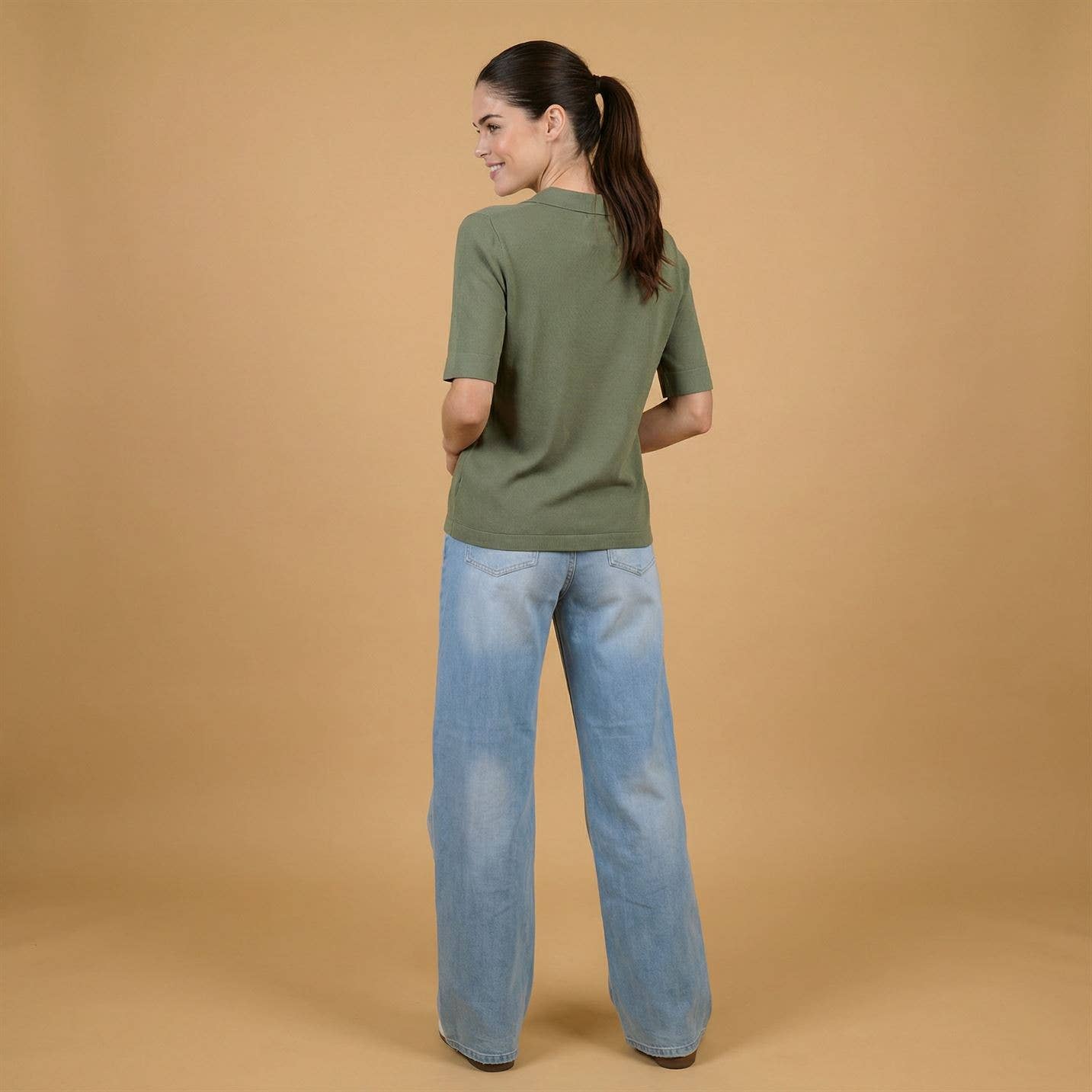 Polo-Shirt in Feinstrick– Elegant Casual Pullover in Khaki, Einheitsgröße bis GR40