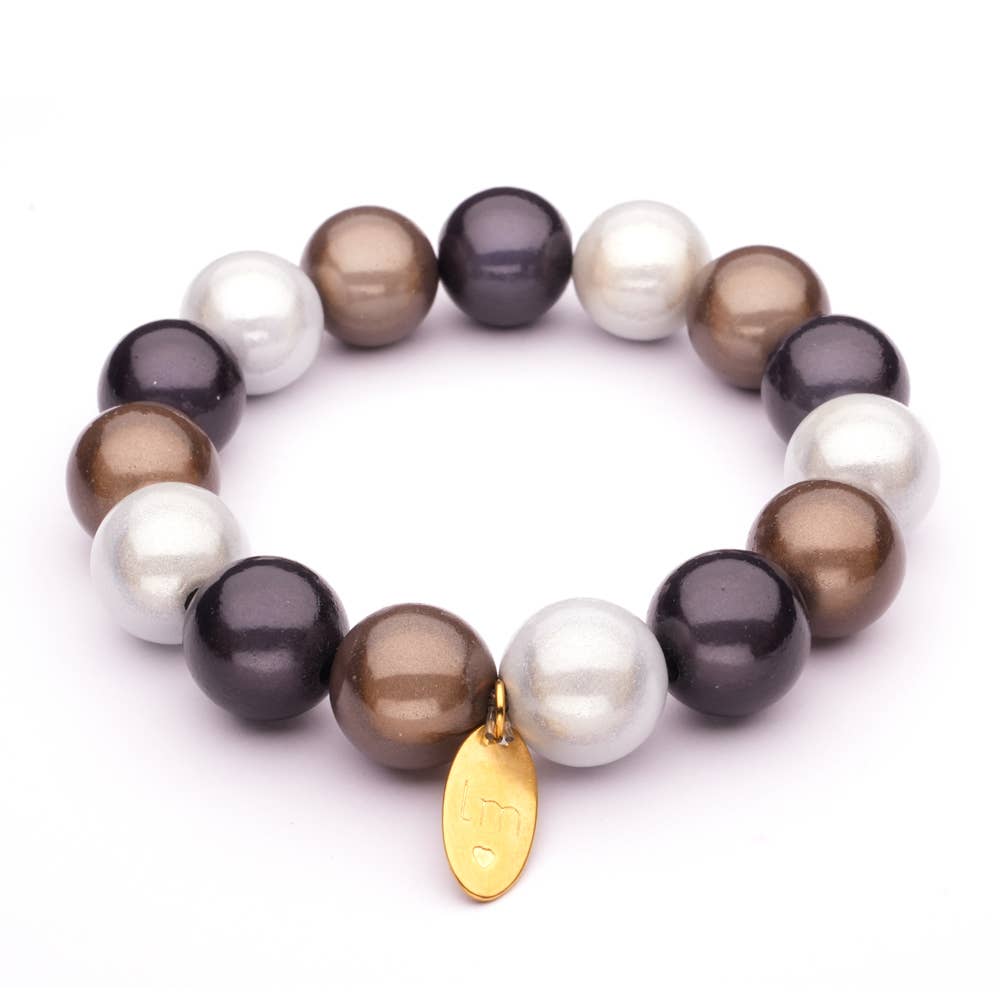 LizzyMae elastisches Armband Galaxy Pearl grau-schwarz-weiß 14 mm | Perlenarmband