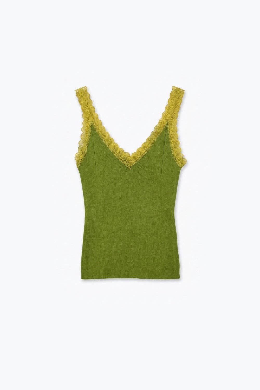 Feinstrick-Camisole mit kontrastierender Spitzenborte in Oliv, Brau oder Grau