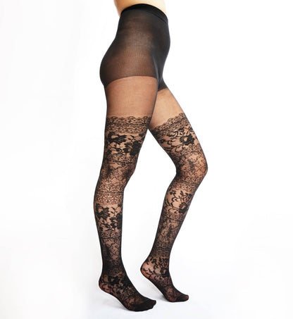 Vintage Spitzenstrumpfhose mit überknielangem Ornament-Design
