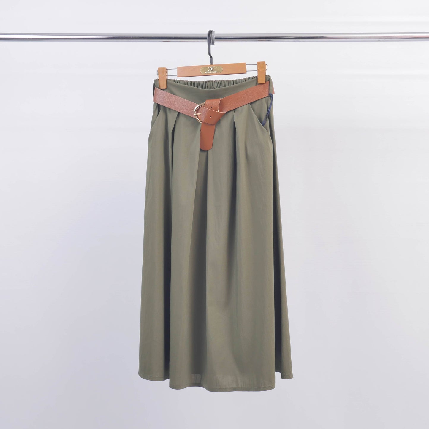 Khaki Midirock mit Gürtel – Feminin & Elegant Einheitsgröße 36-42