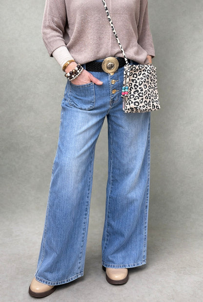 Wide Leg Jeans in Blau | High Comfort Stretch Denim geknöpft