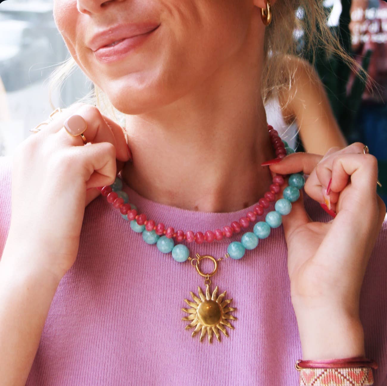 Halskette aus Natursteinperlen XL - altgrün