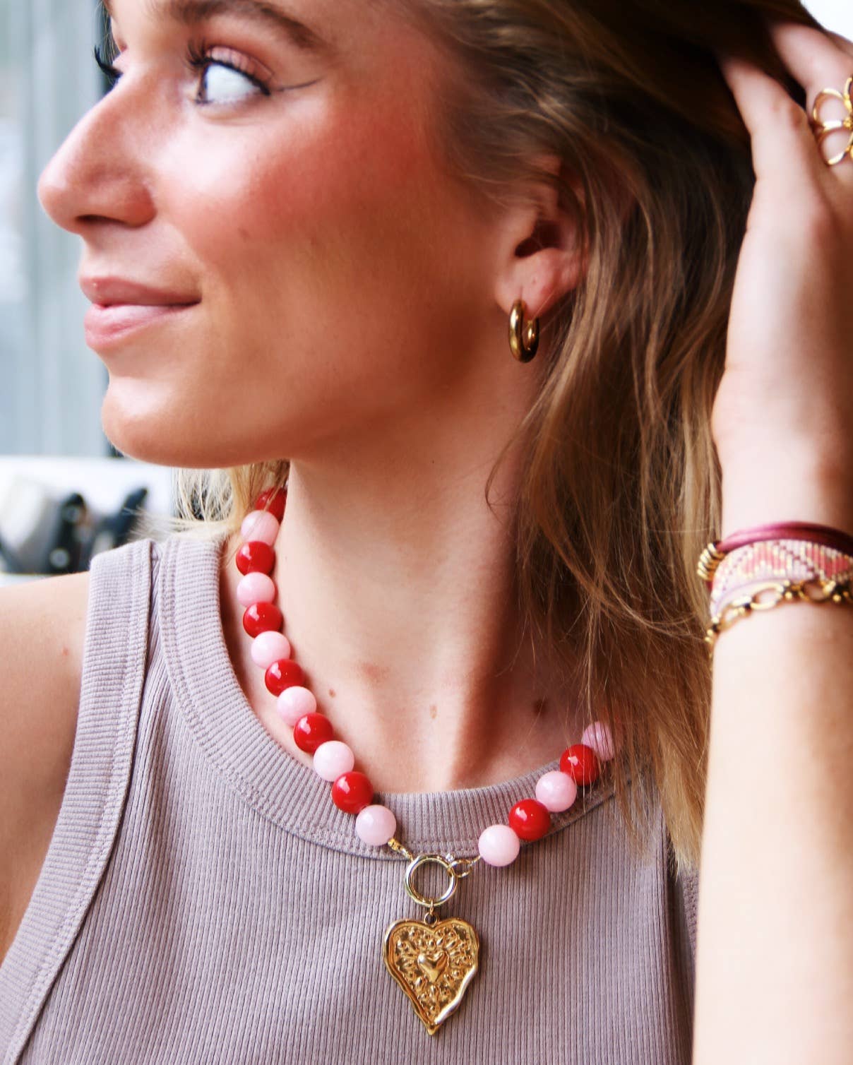 Halskette aus Natursteinperlen XL - rot/rosa