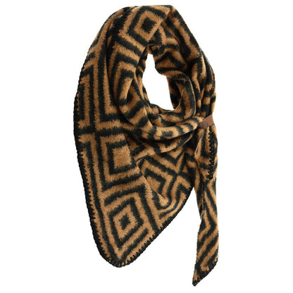LOT83 Schal Braun/Schwarz – Damen-Schal mit geometrischem Muster & Lederband | Stylisches Winter-Acces