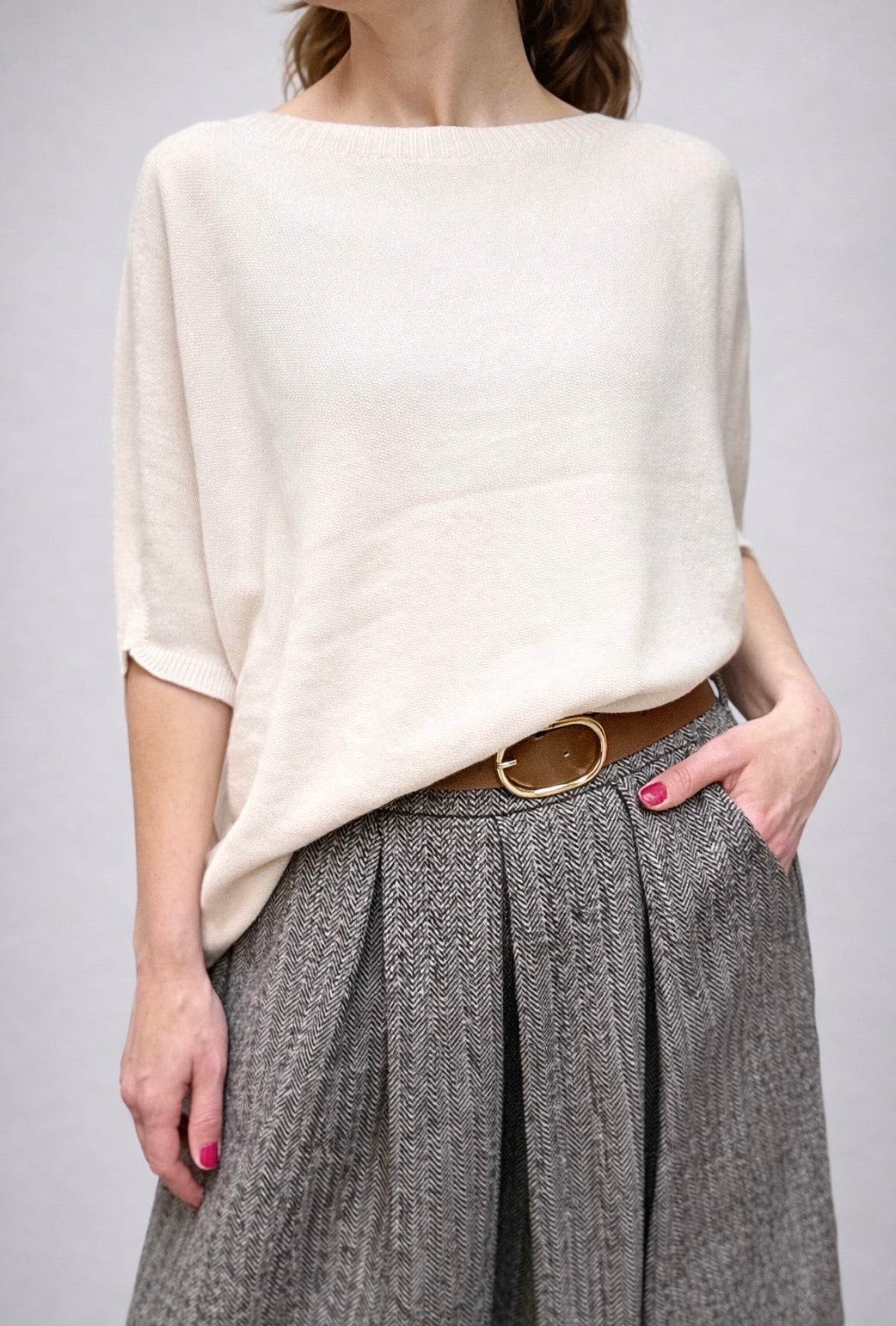 Weicher Oversize Feinstrick Kurzarm-Pullover – Flow Fit in Creme oder Salbei, Einheitsgröße