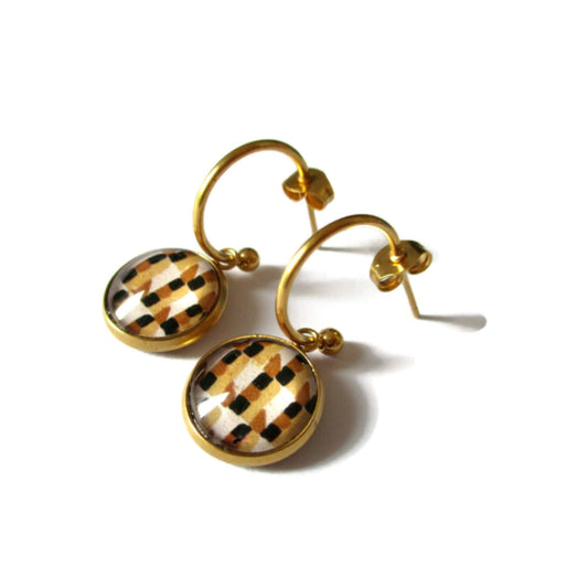 Mini-Creolen mit braunem und beigem geometrischem Muster, gold- oder silberfarbenes Finish: Gold