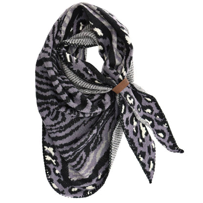 LOT83 Schal Schwarz/Grau – weicher Damen-Schal mit Animalprint & Lederband | Stylisches Statement-Accessoire
