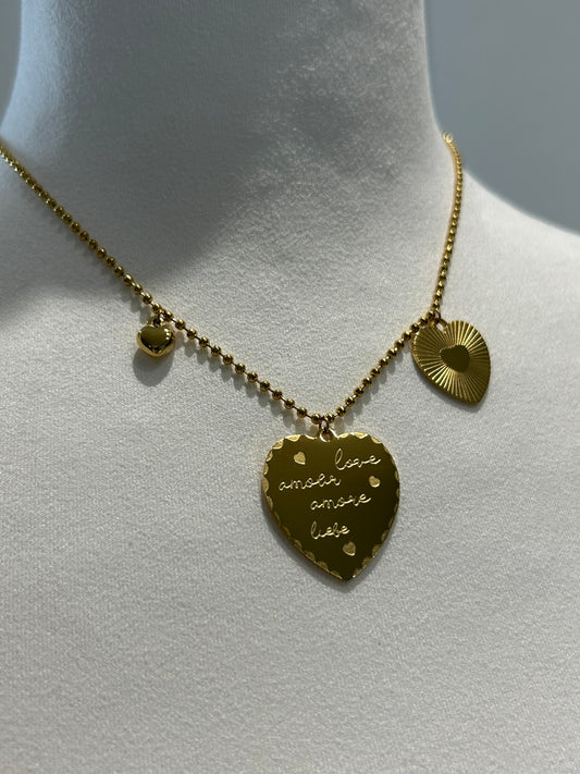 Bazou-Goldene Edelstahl- Love-Kugelkettchen-Halskette mit 3 Herzen