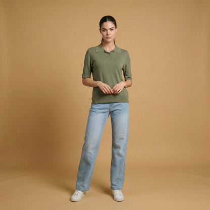 Polo-Shirt in Feinstrick– Elegant Casual Pullover in Khaki, Einheitsgröße bis GR40