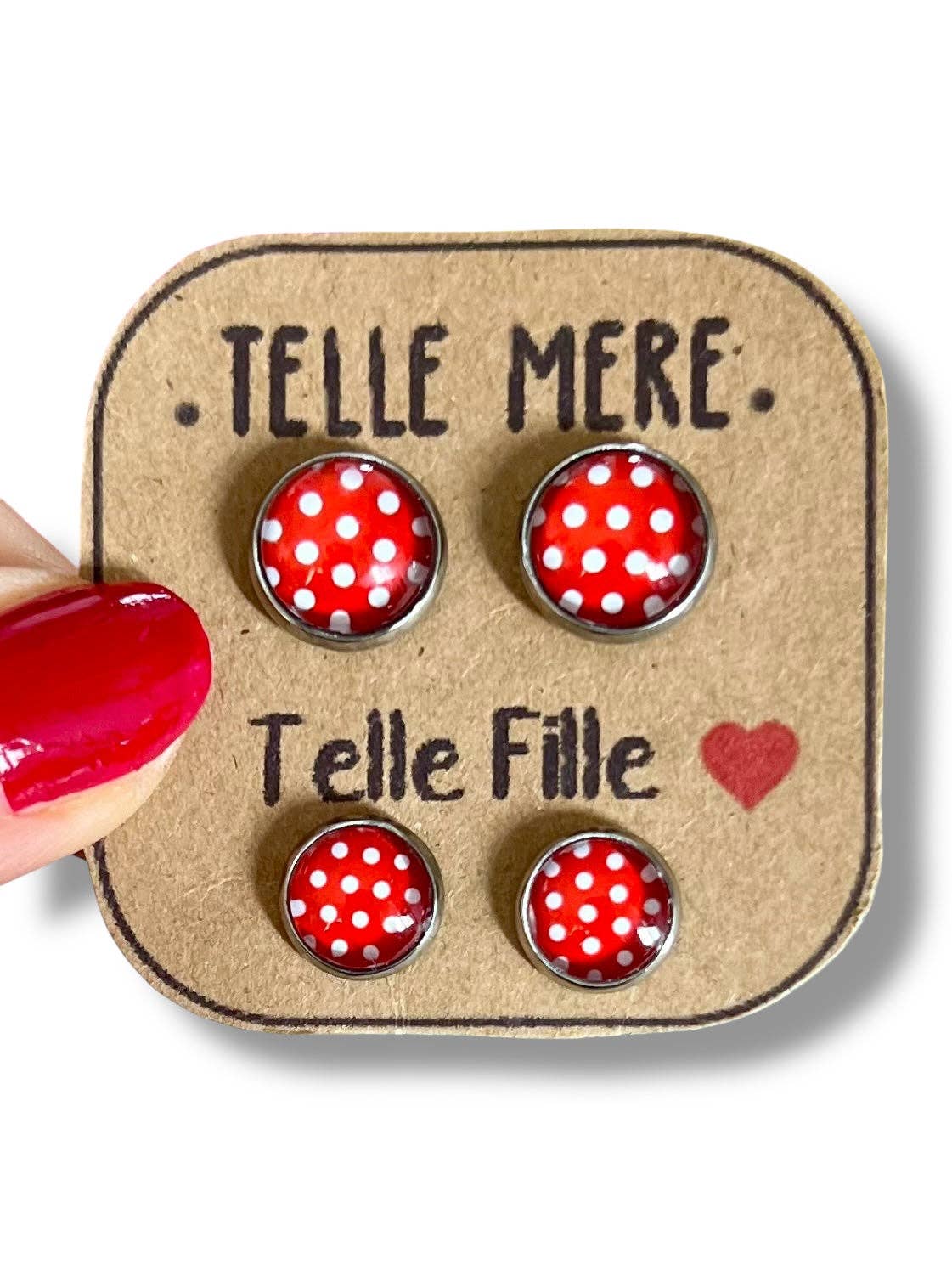 Mutter/Tochter Ohrringe mit roten und weißen Punkten: Français