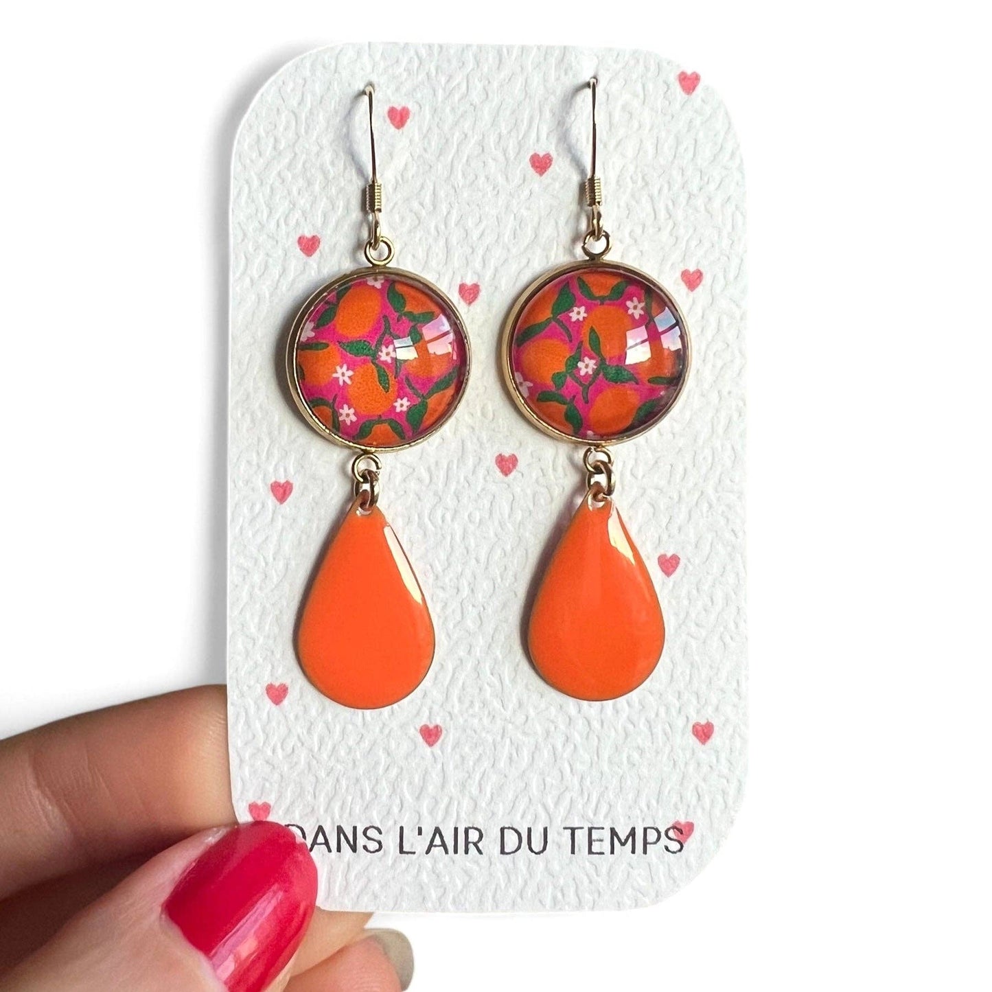 ORANGE HÄNGENDE OHRRINGE auf rosa Hintergrund, orange Emaille: Silber