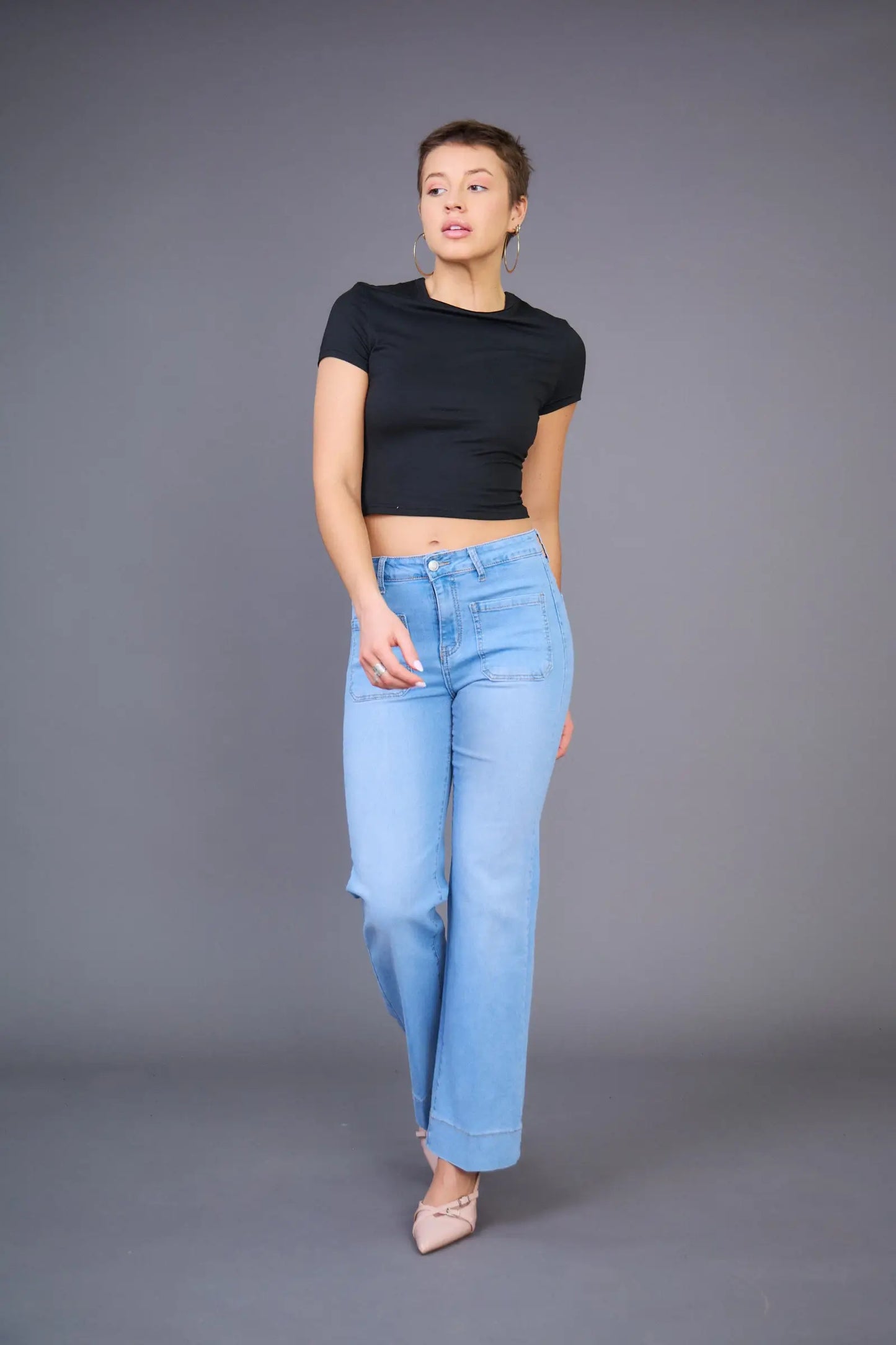 Wide Leg Jeans „Anna“ mit aufgesetzten Taschen – Stretch Denim