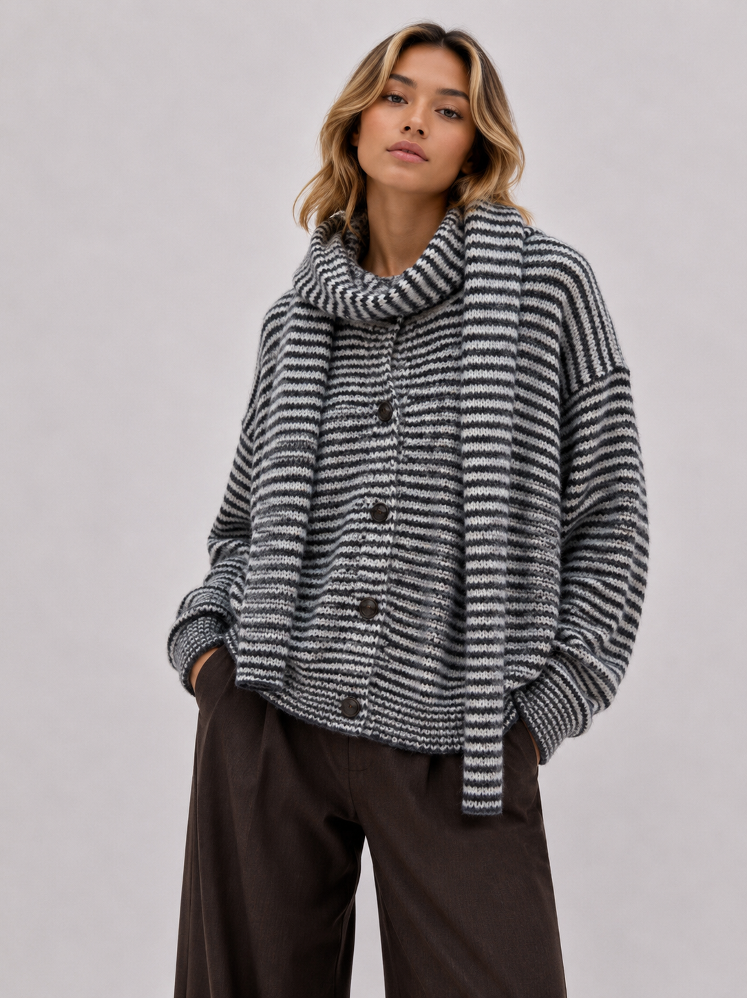 Gestreifter Strickcardigan// mit passendem Schal in blau oder beige