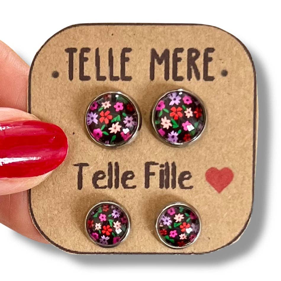 Mutter/Tochter-Ohrringe mit rosa Blumen auf schwarzem Hintergrund: Français