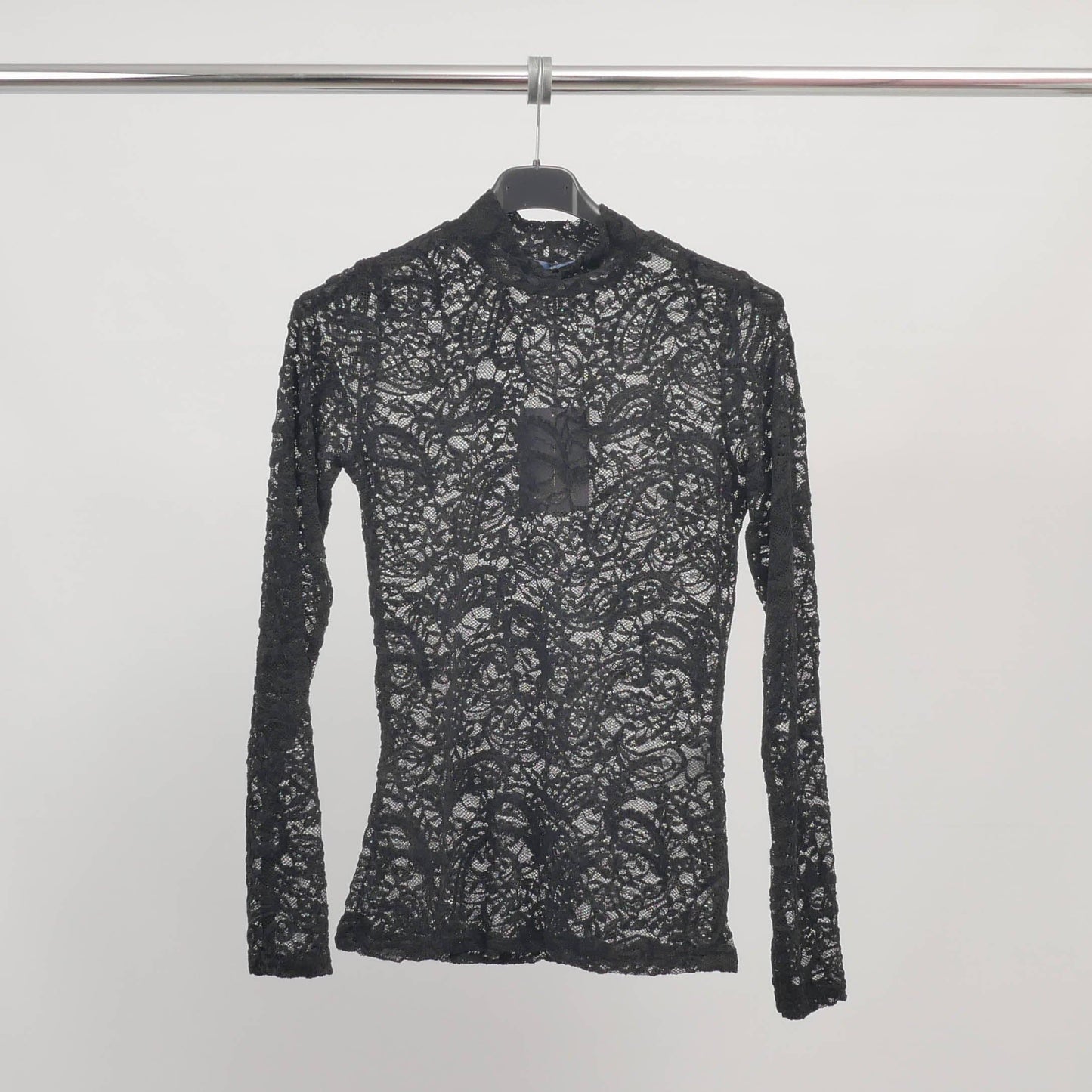 Halbtransparentes Spitzenshirt mit langen Ärmeln – Elegant, Feminin und modern zum layern, weich und stretchig, Einheitsgröße (34/36, schmale38)