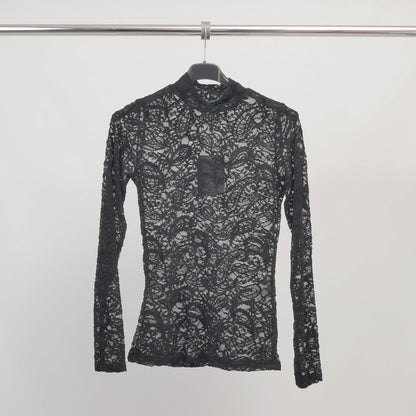 Halbtransparentes Spitzenshirt mit langen Ärmeln – Elegant, Feminin und modern zum layern, weich und stretchig, Einheitsgröße (34/36, schmale38)
