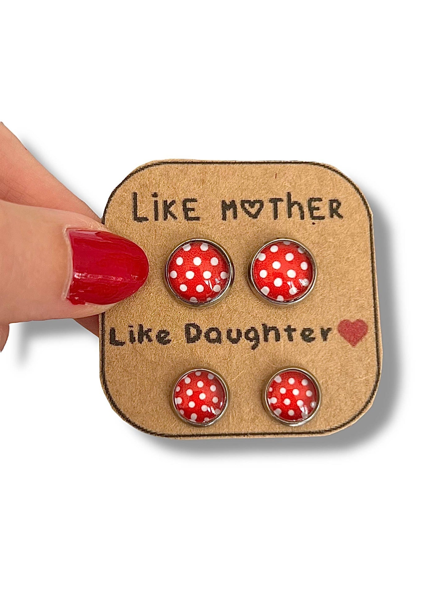 Mutter/Tochter Ohrringe mit roten und weißen Punkten: Français