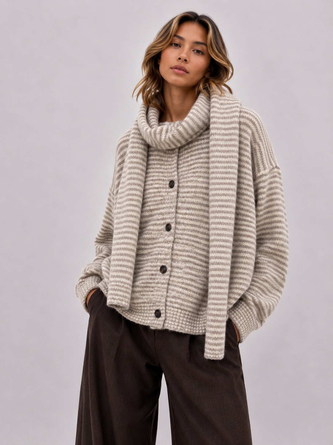 Gestreifter Strickcardigan// mit passendem Schal in blau oder beige