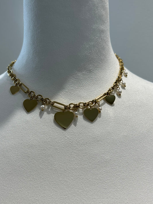 Bazou-Goldene Edelstahl Charm-Halsketten mit Herzen und Mini-Perlen