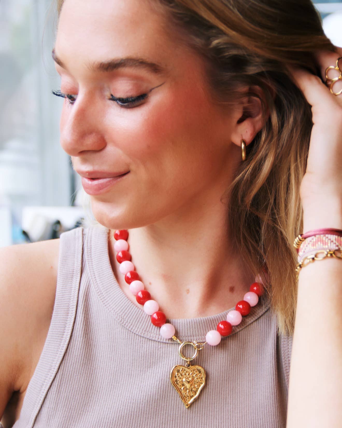 Halskette aus Natursteinperlen XL - rot/rosa