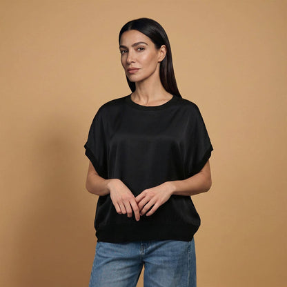 Locker geschnittenes Viskose Kurzarmshirt – fließender Fall, seidig glänzend, Einheitsgröße