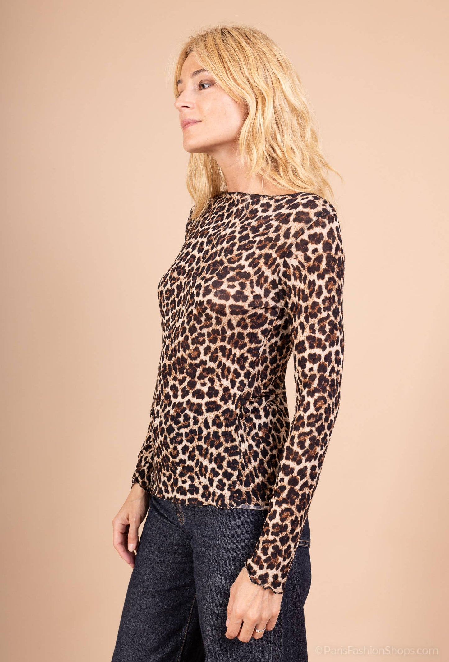 Mesh-Shirt aus Kaschmir Mix mit Leopardenmuster & U-Boot-Ausschnitt in beige-leo, Einheitsgröße 36-42