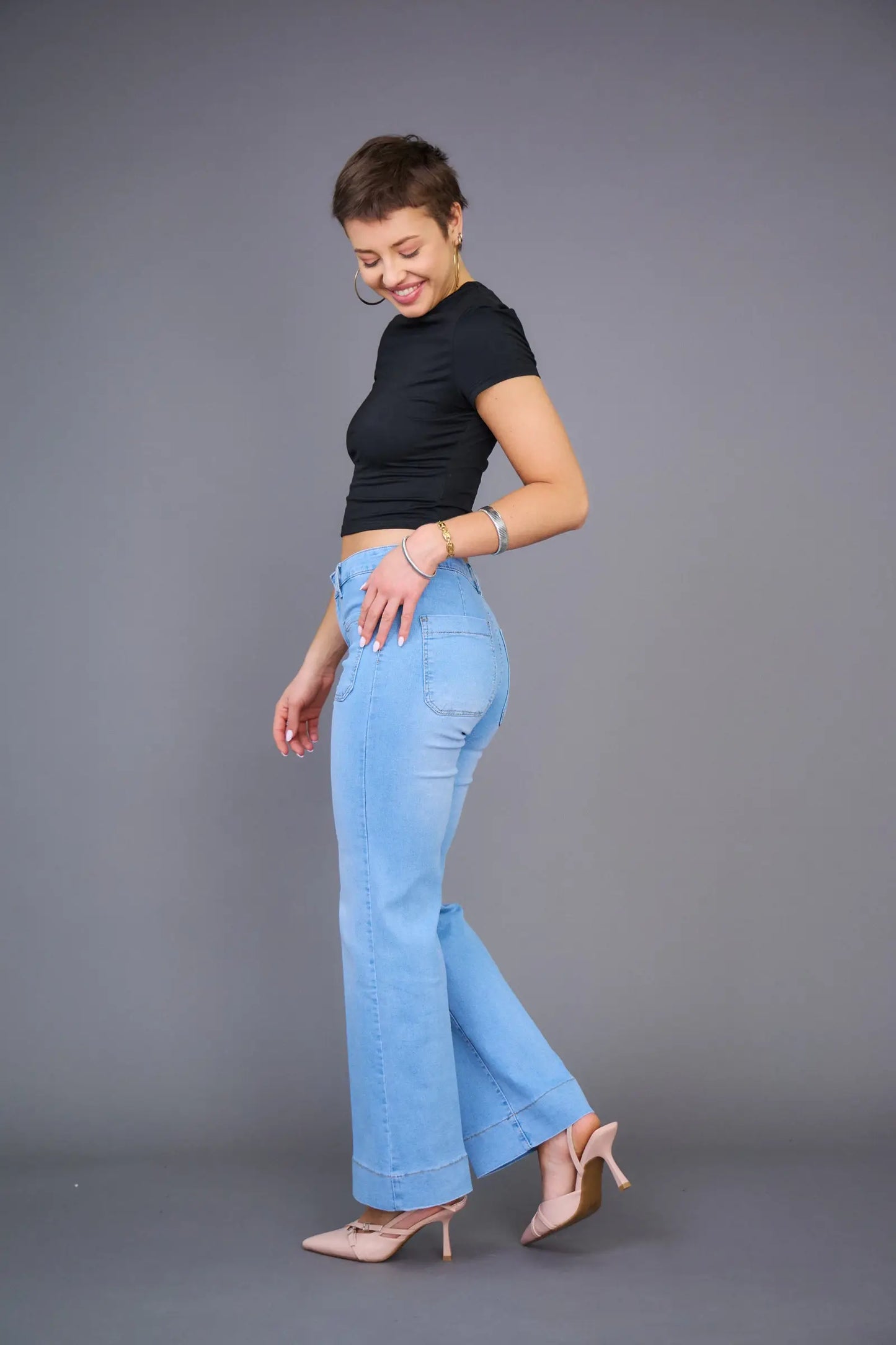 Wide Leg Jeans „Anna“ mit aufgesetzten Taschen – Stretch Denim