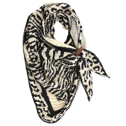 LOT83 Schal Schwarz/Creme – Damen-Schal mit Animalprint-Mix & Lederband | Trendiges Winter-Accessoire