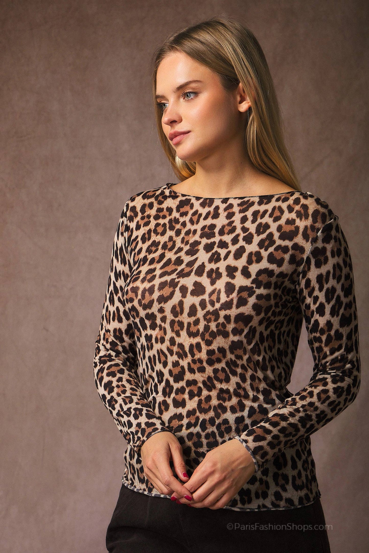 Mesh-Shirt aus Kaschmir Mix mit Leopardenmuster & U-Boot-Ausschnitt in beige-leo, Einheitsgröße 36-42