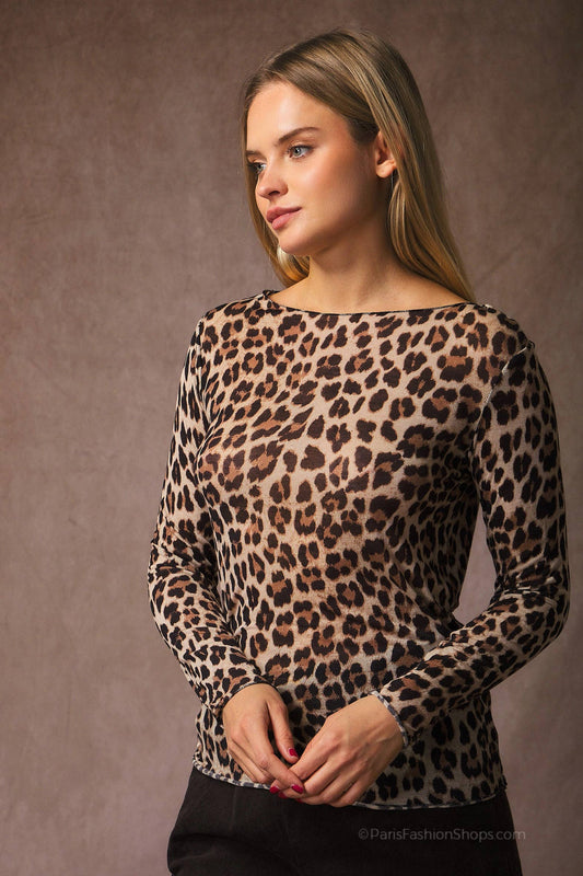 Mesh-Shirt aus Kaschmir Mix mit Leopardenmuster & U-Boot-Ausschnitt in beige-leo, Einheitsgröße 36-42