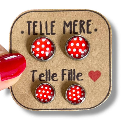 Mutter-Tochter Ohrstecker „Telle Mère – Telle Fille“ – Rot mit weißen Punkten