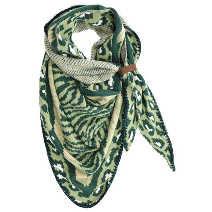 LOT83 Schal Grün – Damen-Schal mit Ikat-/Animalprint-Mix & Lederband | Stylisches Winter-Accessoire