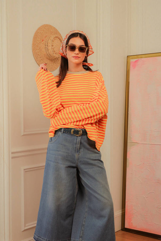 Striped Oversize Longsleeve – Vintage Statement Top Made in Italy in Orang/gelb