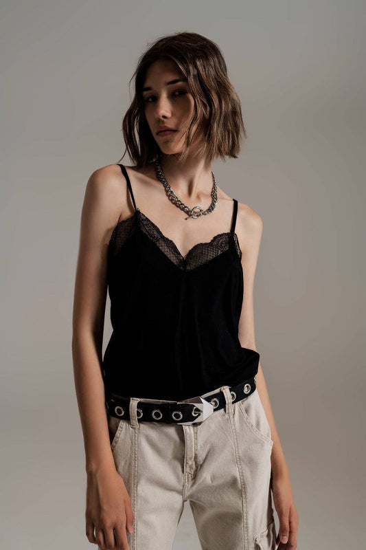 Cami-Top mit Spitzendetails in Schwarz, glänzend, stretchig, verstellbar