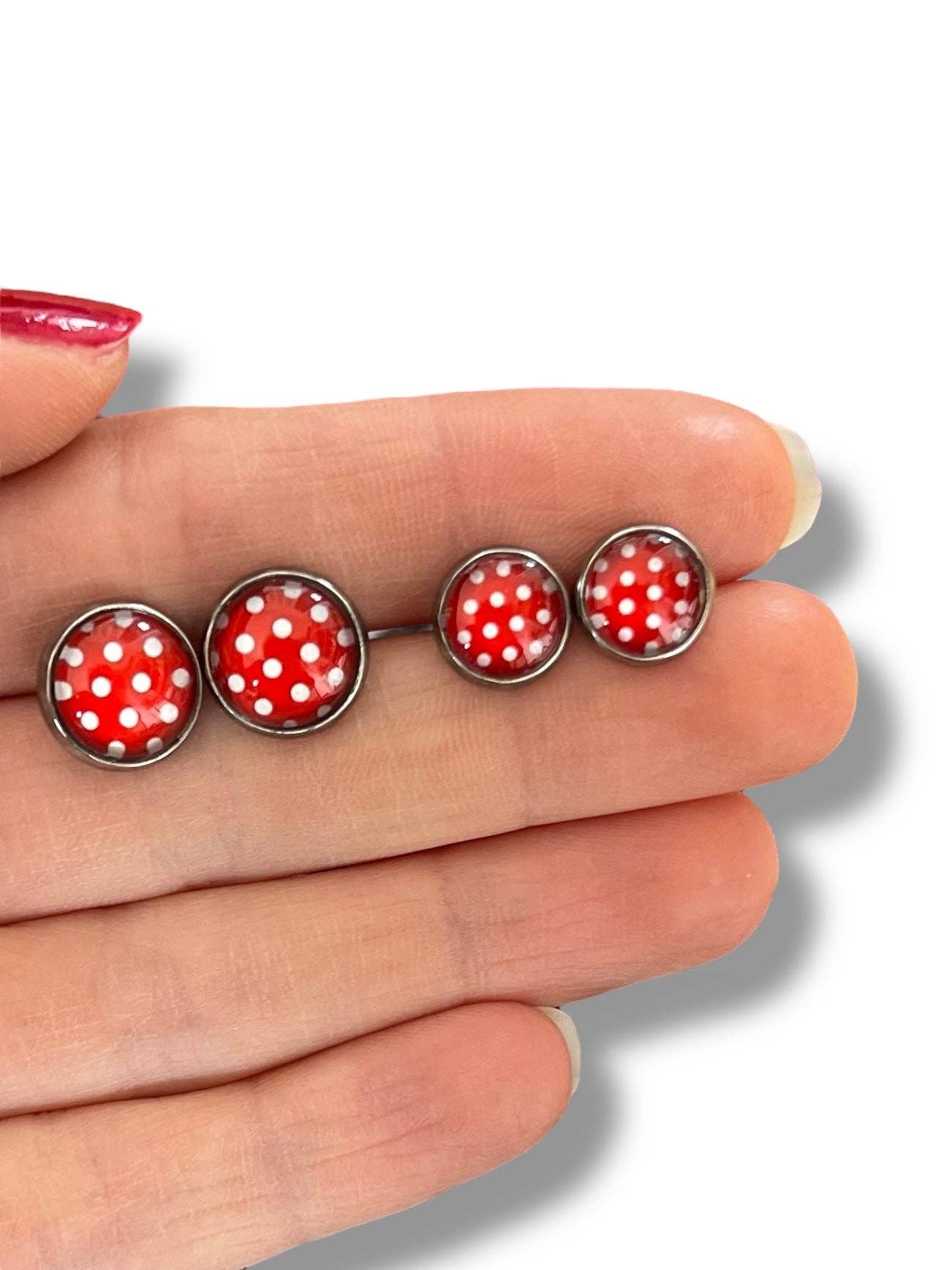 Mutter/Tochter Ohrringe mit roten und weißen Punkten: Français