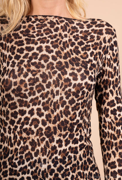 Mesh-Shirt aus Kaschmir Mix mit Leopardenmuster & U-Boot-Ausschnitt – Camel, Einheitsgröße 36-42