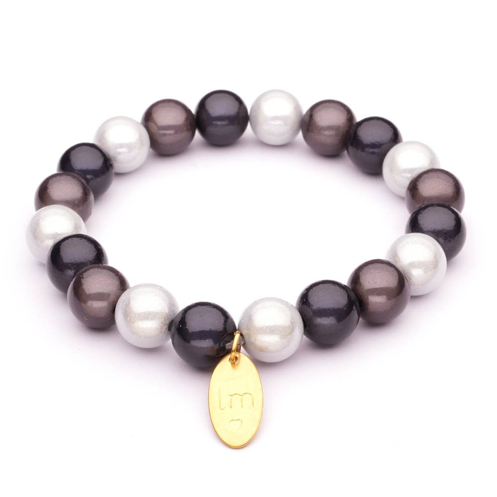 LizzyMae Armband Galaxy Pearl grau-schwarz-weiß 10 mm | Elastisches Perlenarmband